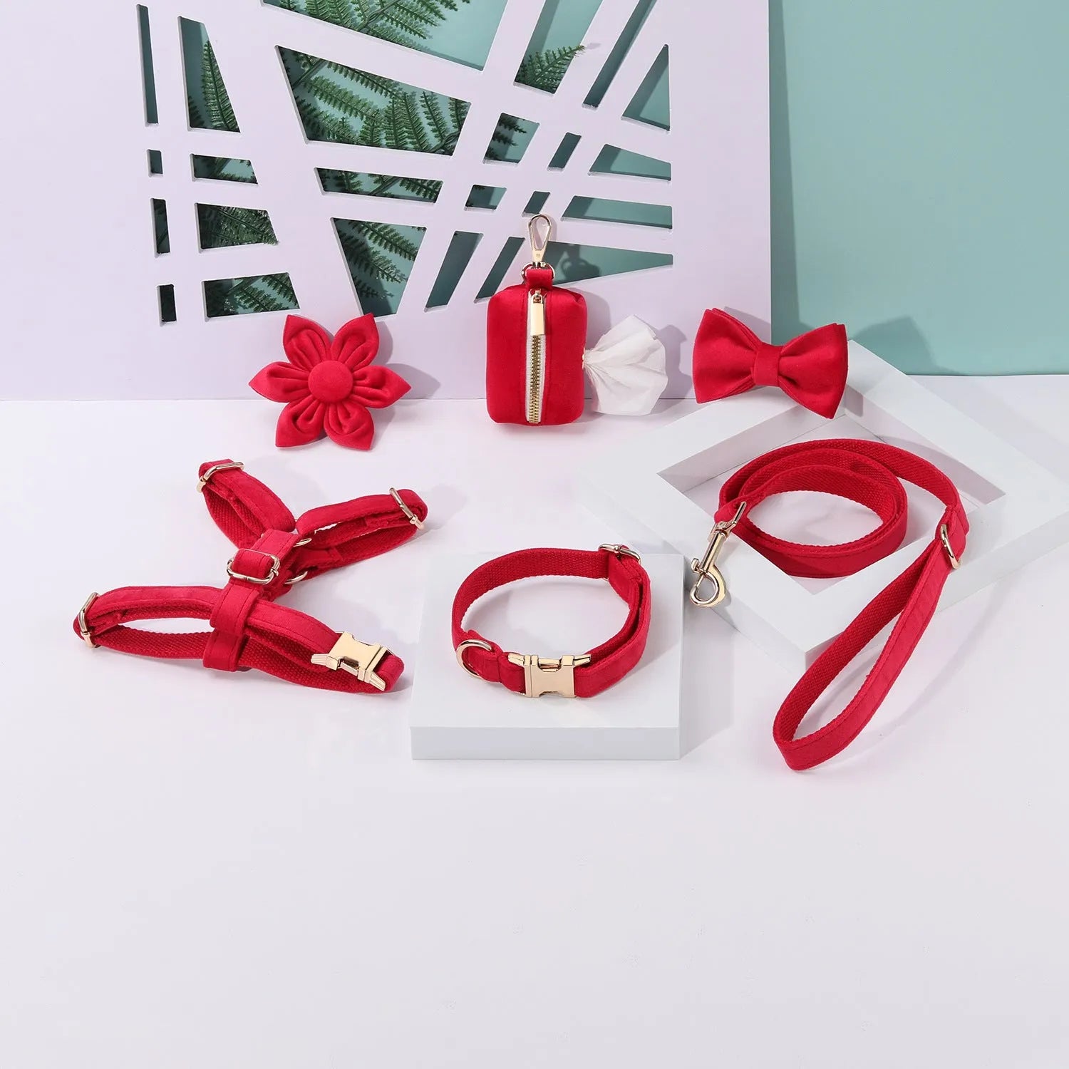 Classic velvet soft pet collar traction rope set with matching harness and accessories in multiple colour options