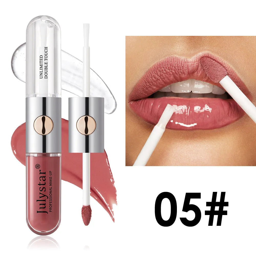 Women's lasting lip gloss tube showing available colours with 6ml moisturising formula