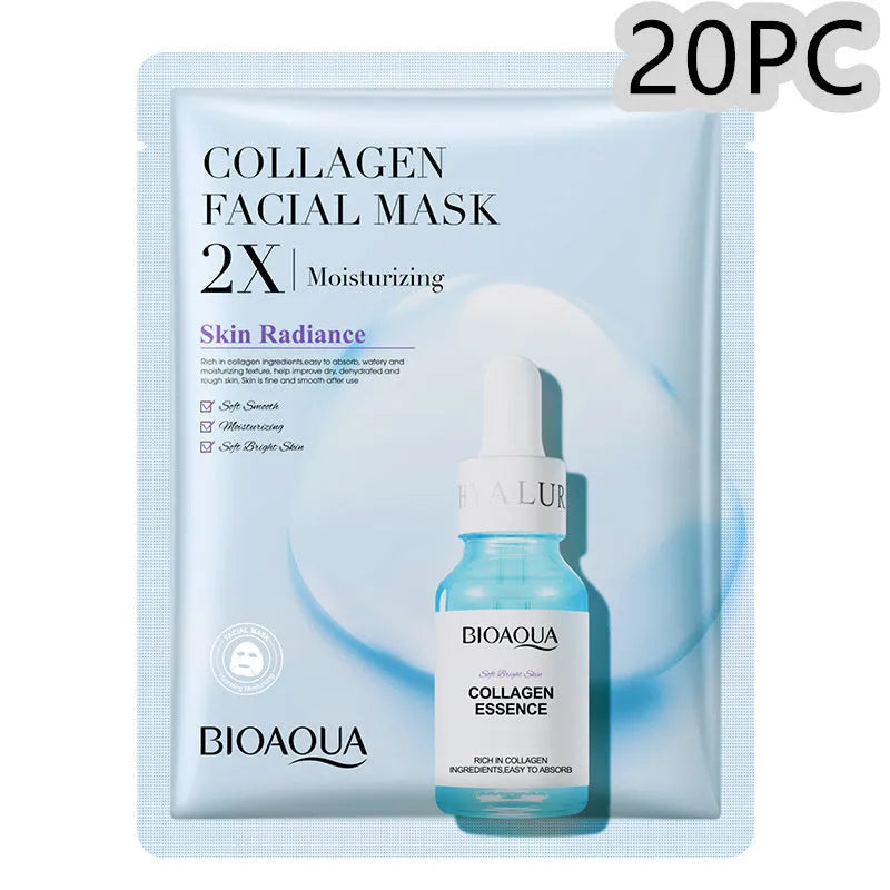 Single-use gel facial sheet mask in packaging, 30g collagen or hyaluronic acid formula.