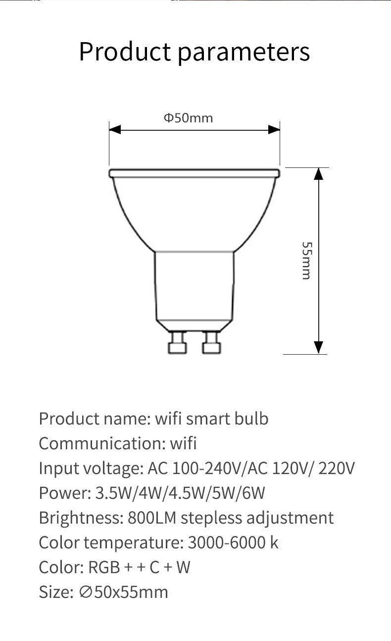 GU10 smart LED spotlight with RGBCCT colour changing and Wi-Fi voice control, 50mm diameter