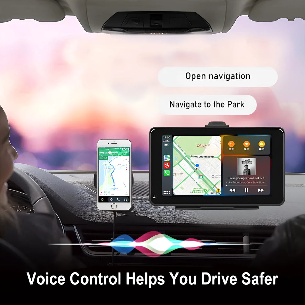 7-inch HD wired car screen player with universal dashboard mounting bracket and connection cables