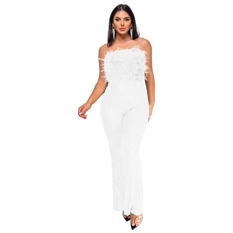 Women's sleeveless backless jumpsuit with flared legs and sequin collar detail in champagne colour