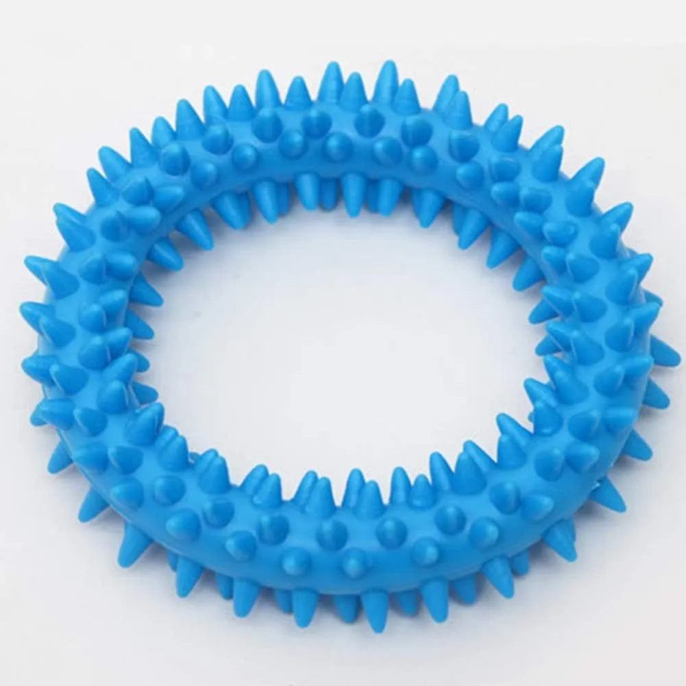 TPR spiky circle ring dog chew toy with dental cleaning nubs in blue colour