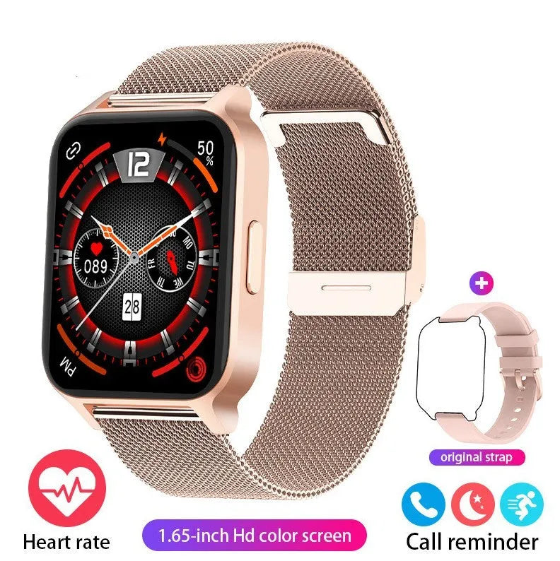 Smart colour screen watch showing health metrics on display, available with black or rose gold mesh and tape straps.