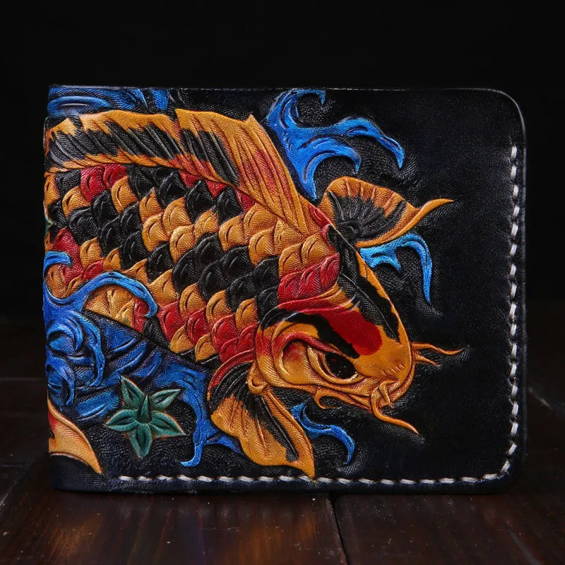 Men's red cow leather short wallet with manual carving and open style, shown next to a blue and gold version.