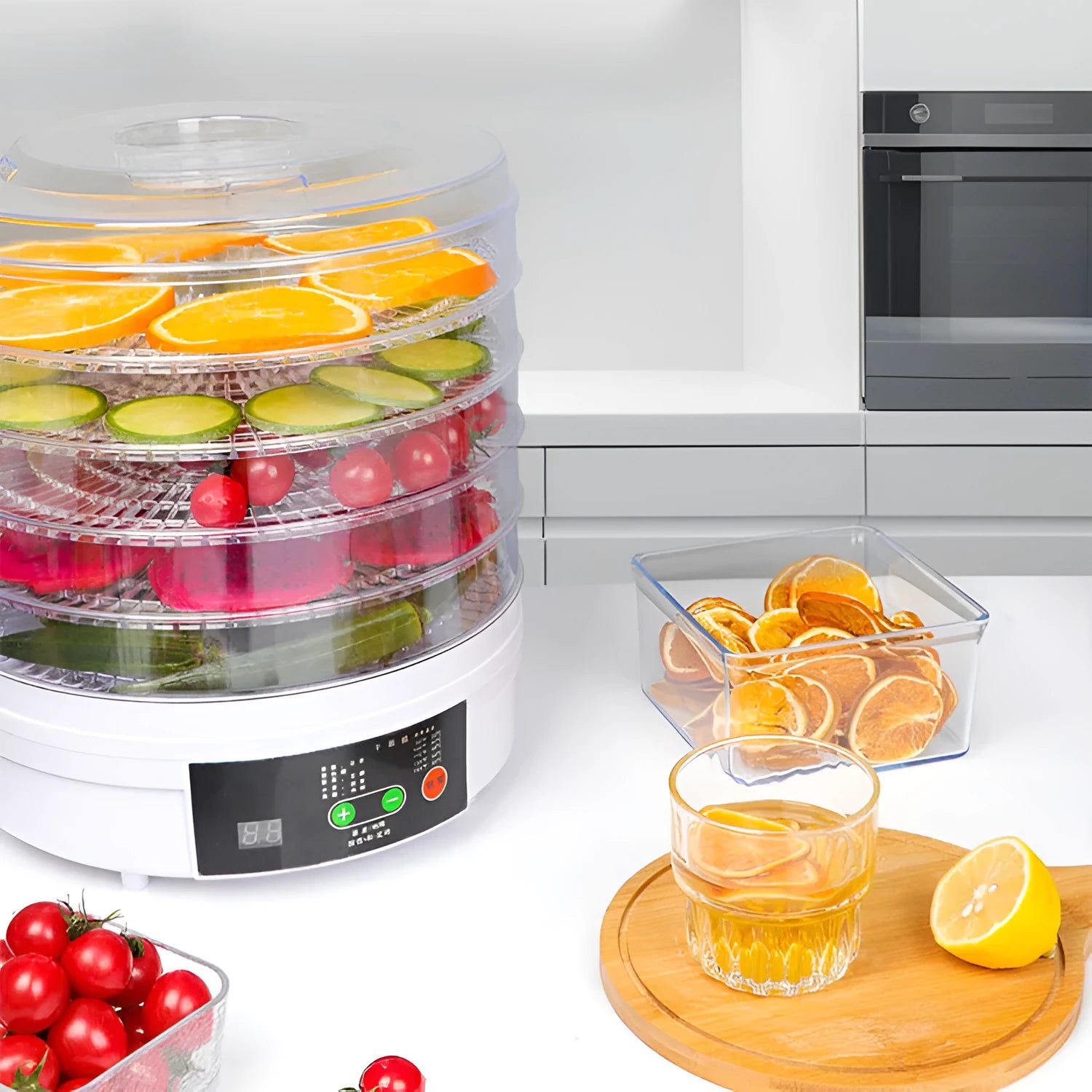 Five-tray food dehydrator with multiple international plug versions for drying fruit and vegetables