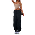 Straight-leg loose fit cargo casual pants in grey with multiple pockets, made from polyester fabric.