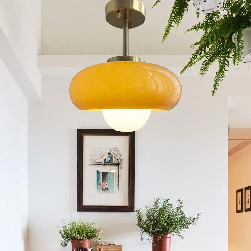 Bauhaus pendant light with three milk white egg tart glass shades for ceiling mounting