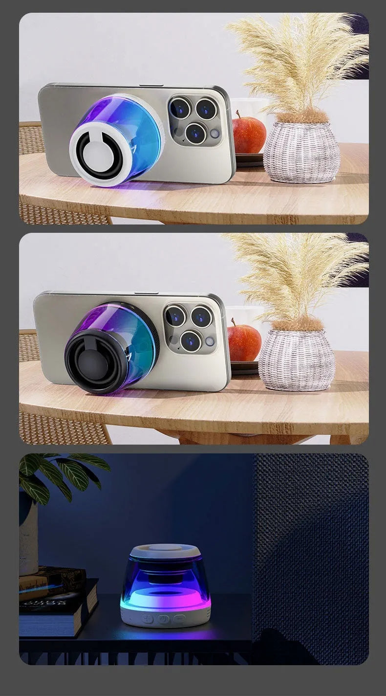 Compact white Bluetooth speaker with ambient lighting effects on metallic surface
