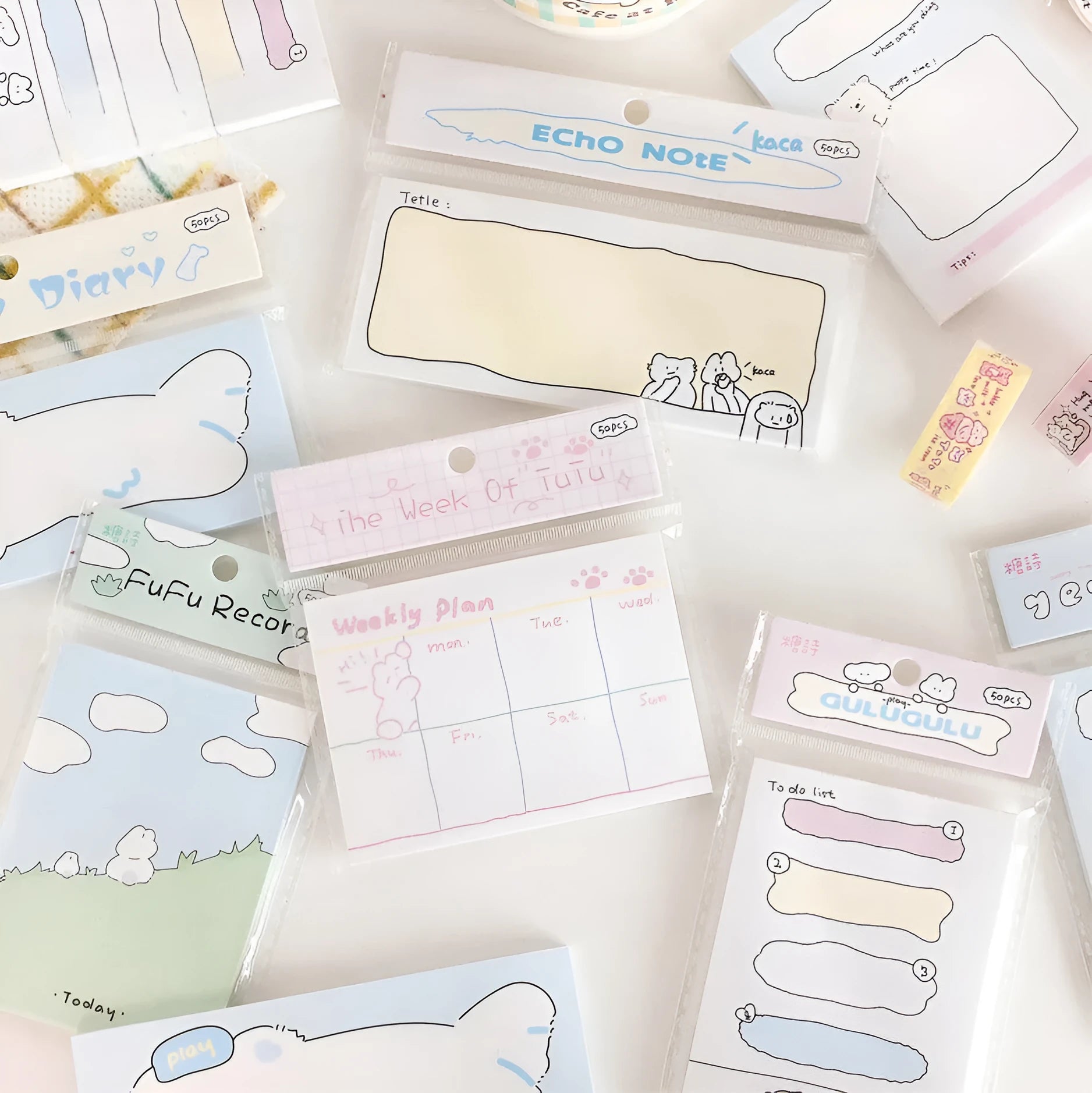 Cartoon hand account sticky notes in six designs showing multiple size options