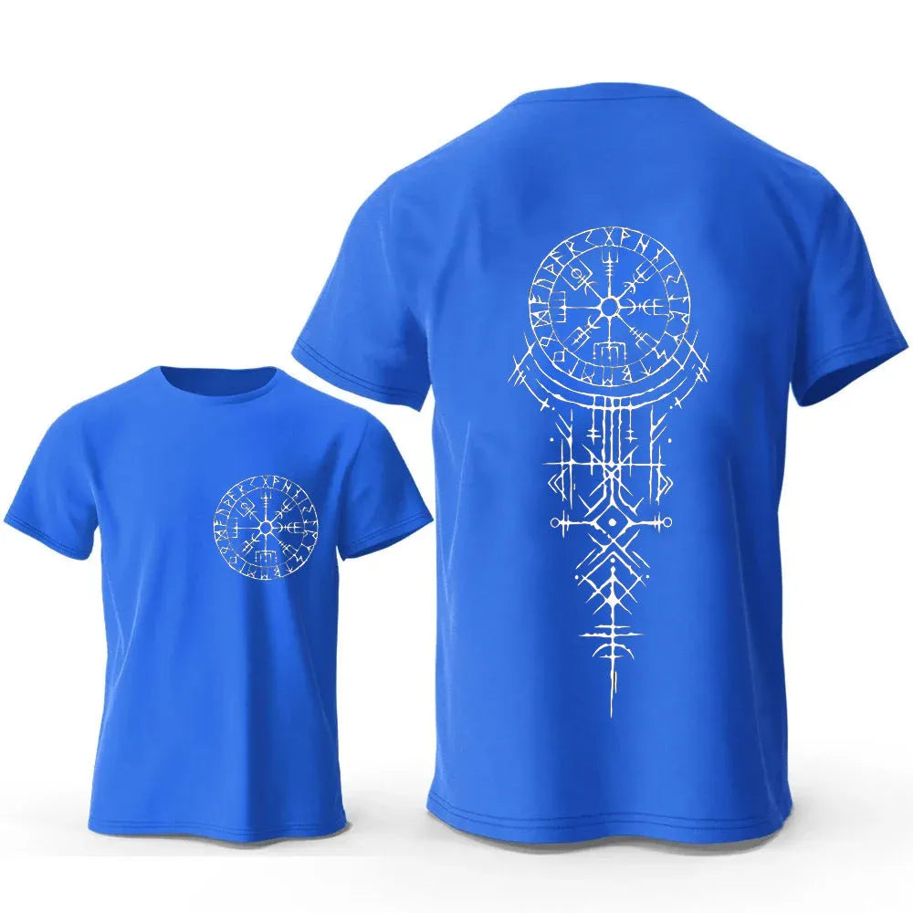 Man wearing a grey t-shirt with a large Viking rune compass graphic printed on the chest.