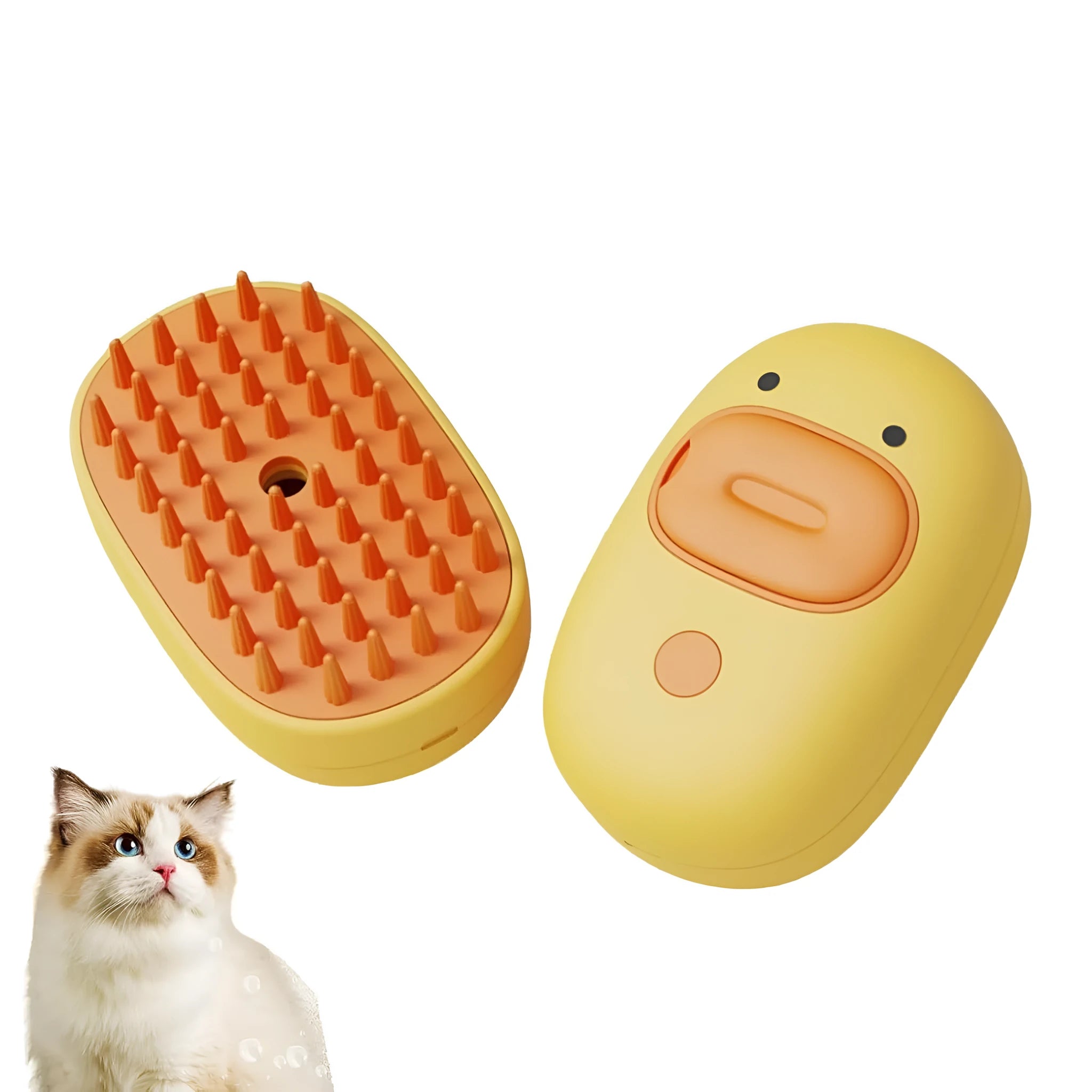 White rechargeable pet steam brush with rubber teeth and water tank for dogs and cats