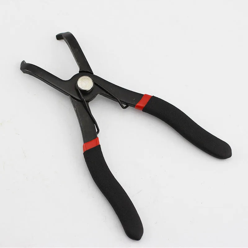 Red interior round nail removal pliers with PVC handles, jaw open, for car door clips.