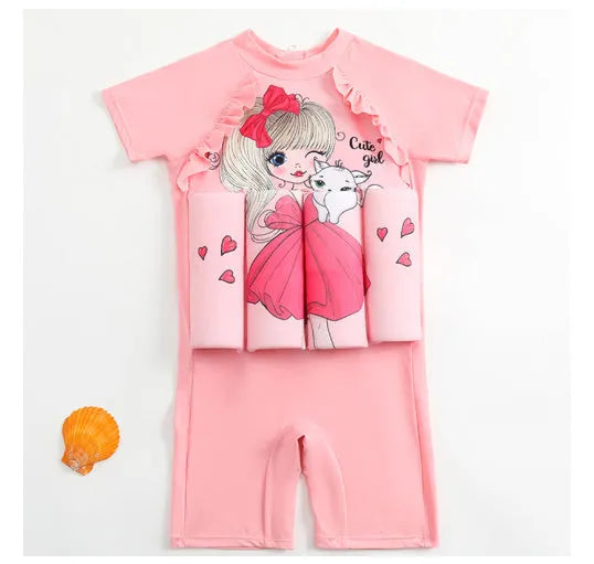 Children's one-piece swimsuit with built-in buoyancy and sun protection in shark boy cartoon pattern