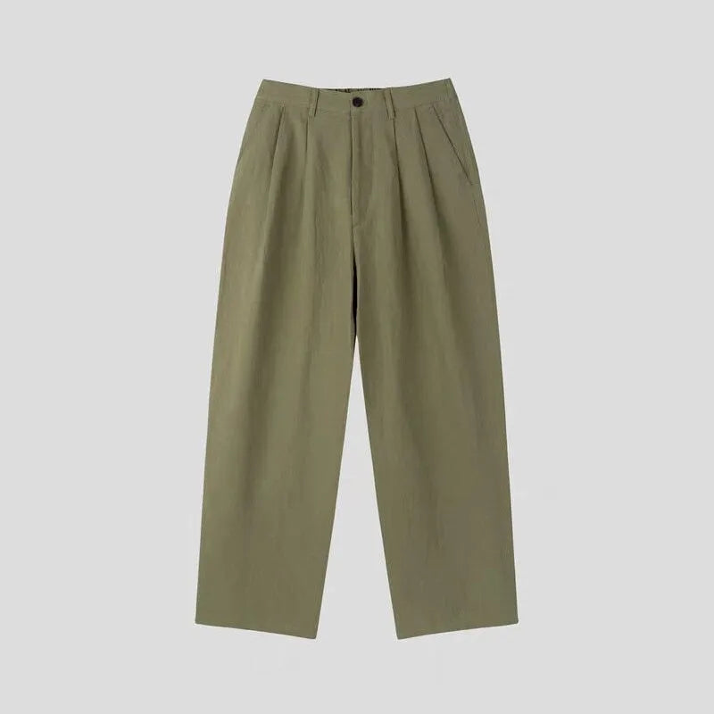 Men's apricot wide-leg cotton linen trousers with micro-elastic waist and pencil leg opening