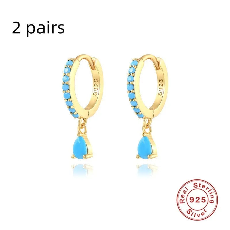 S925 sterling silver geometric water drop earrings with electroplated finish and gemstone accents