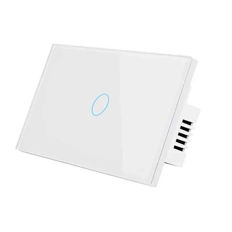 White two-gang RF touch light switch with tempered glass panel shown front on.