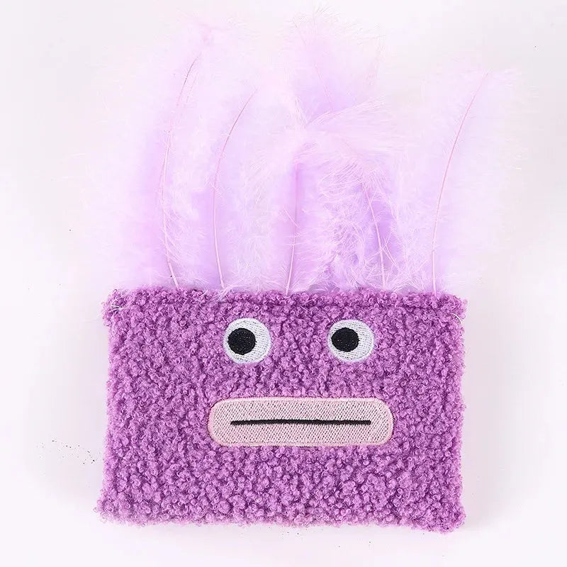 Colourful catnip plush toy with big mouth explosion head shape on a soft fabric body