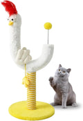 Yellow vertical sisal cat scratching post with chicken design, spring ball, and reinforced solid wood base