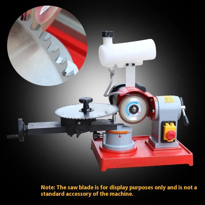 Manual gear grinding machine for sharpening alloy circular saw blades on a workshop bench.