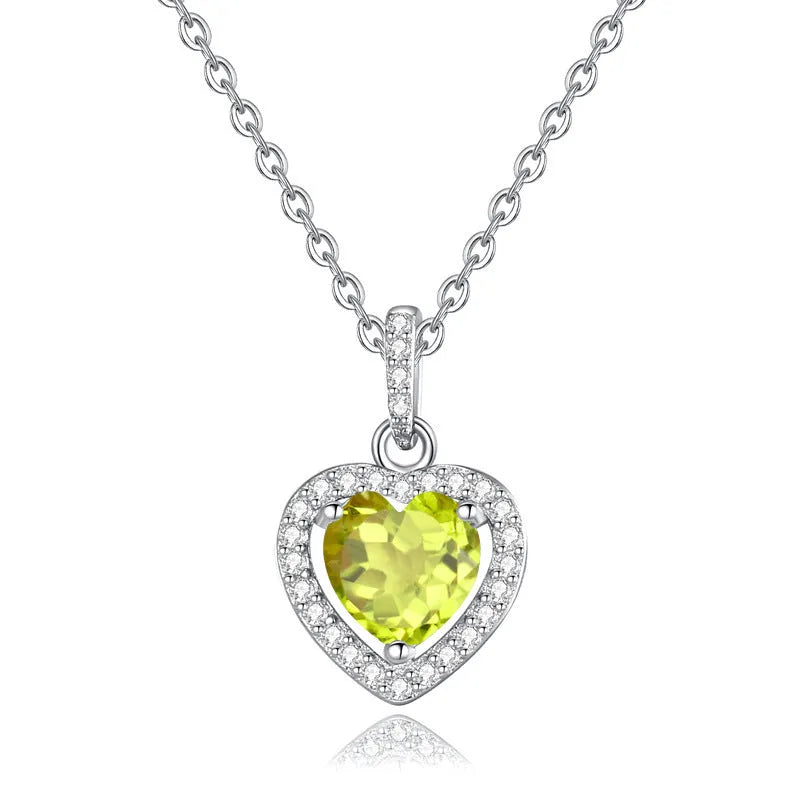 S925 sterling silver heart necklace with natural gemstone pendant on an adjustable cross chain.