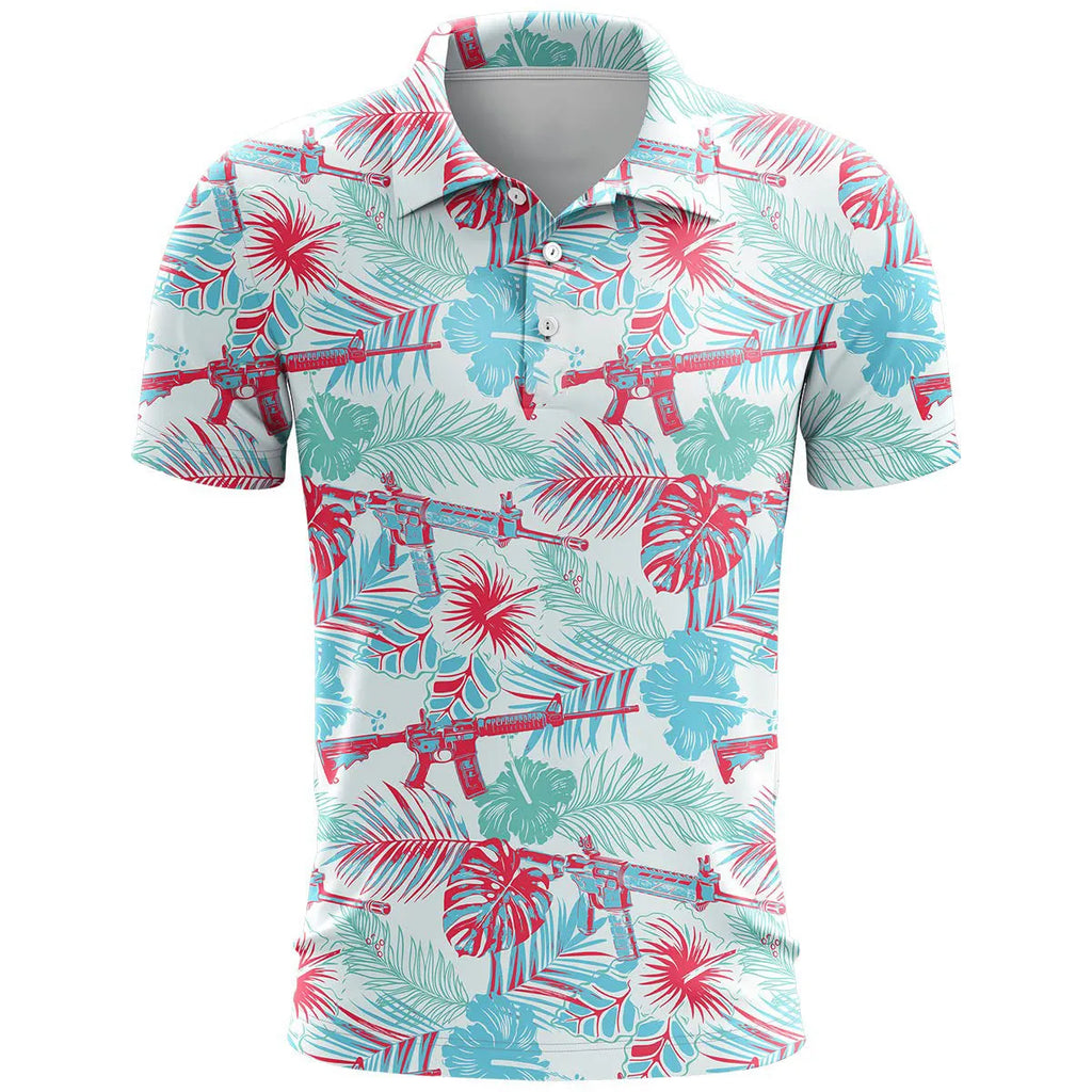 3D printed pattern sports short sleeve loose fit top in bird eye polyester fabric on a hanger.