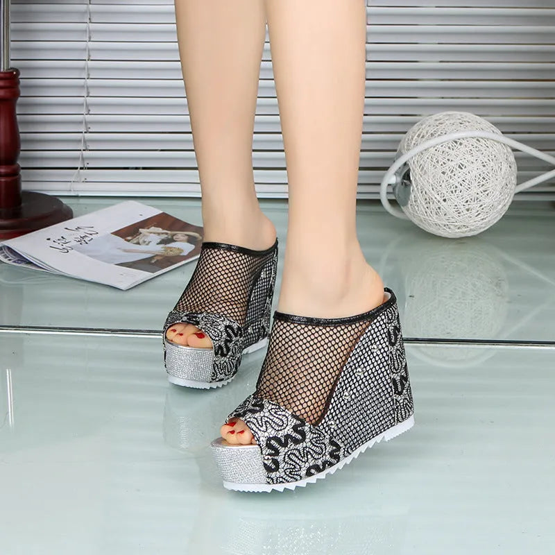 Korean women's platform sandals with hollowed heels, mesh upper, and chunky waterproof soles in gold.