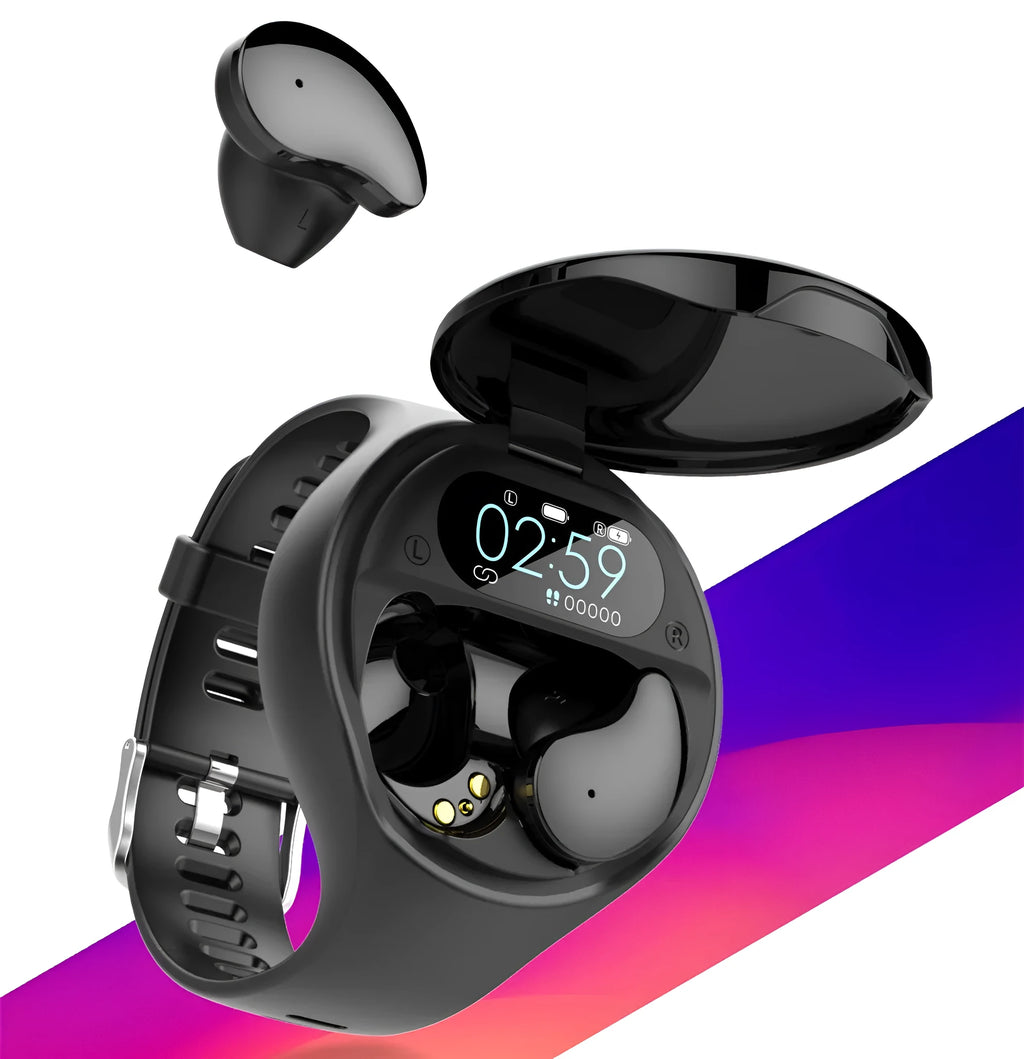 Black detachable Bluetooth earbud and smart fitness bracelet combo on a wrist.