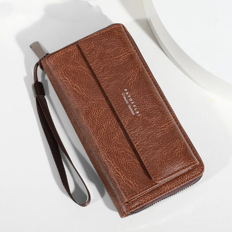 Men's black PU leather long wallet with multiple card slots, shown with dimensions.