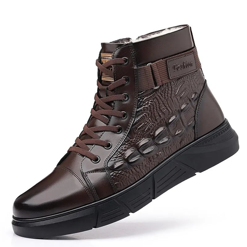 Black and brown genuine leather snow boots with fur lining and rubber sole
