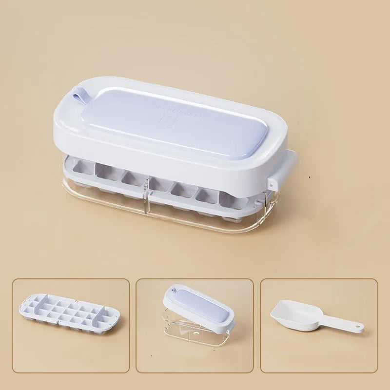 High-capacity plastic ice cube tray with ice shovel in blue, green, purple, or yellow colour options.