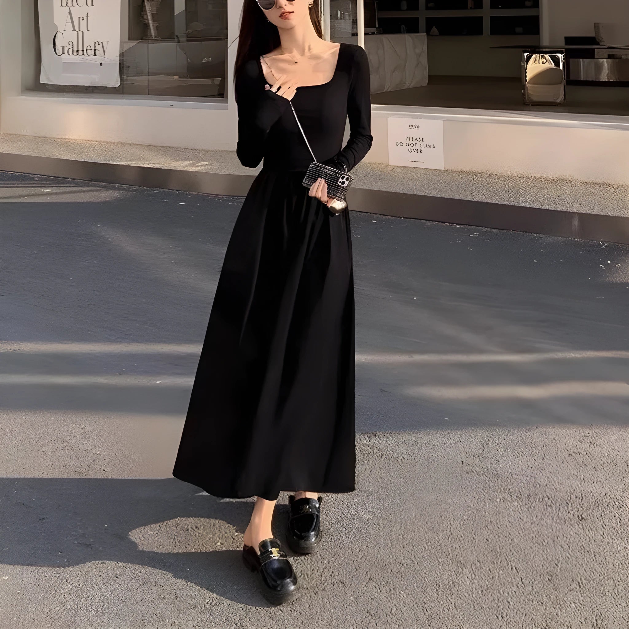 Women's square collar knitted dress with elastic waist and A-line long skirt in black or grey