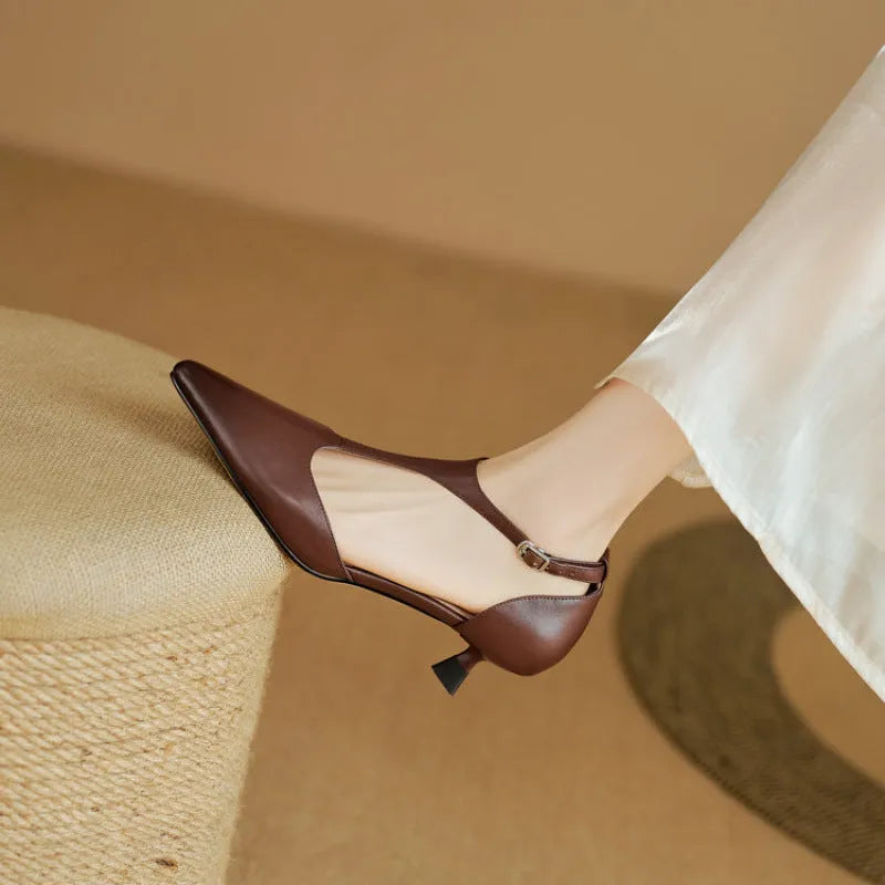Brown women's high heels with pointed toe and cowhide leather upper