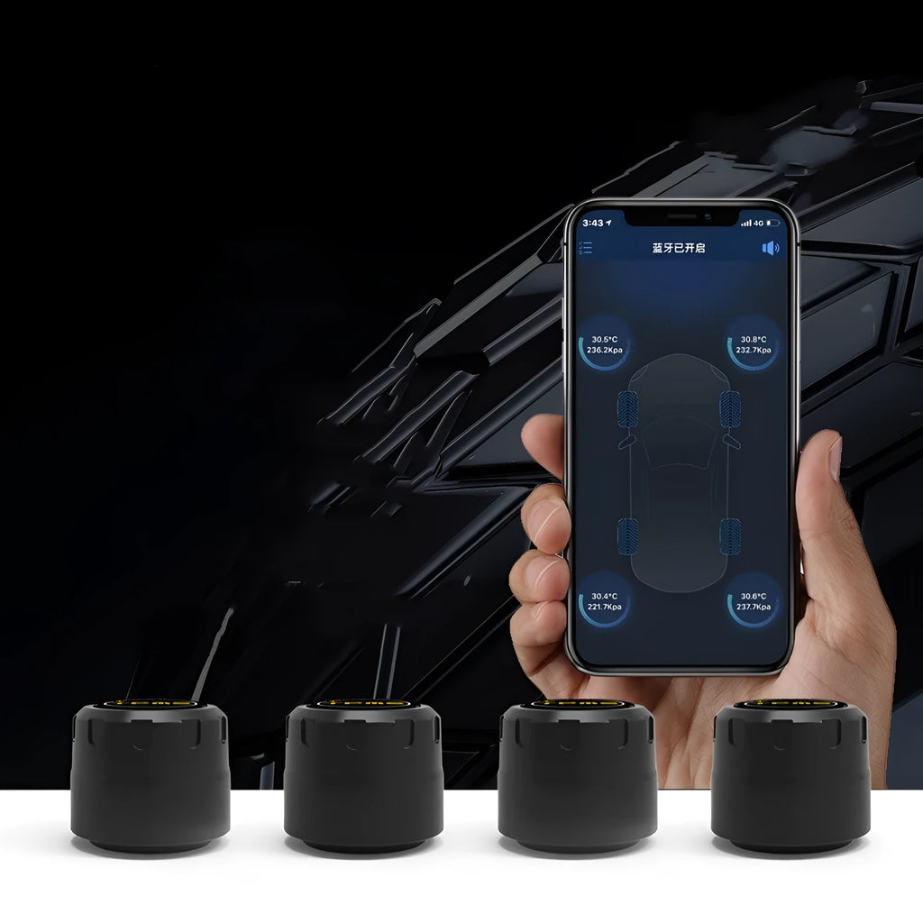 Bluetooth 5.0 automotive tire pressure monitoring system with four black external sensors and installation tools