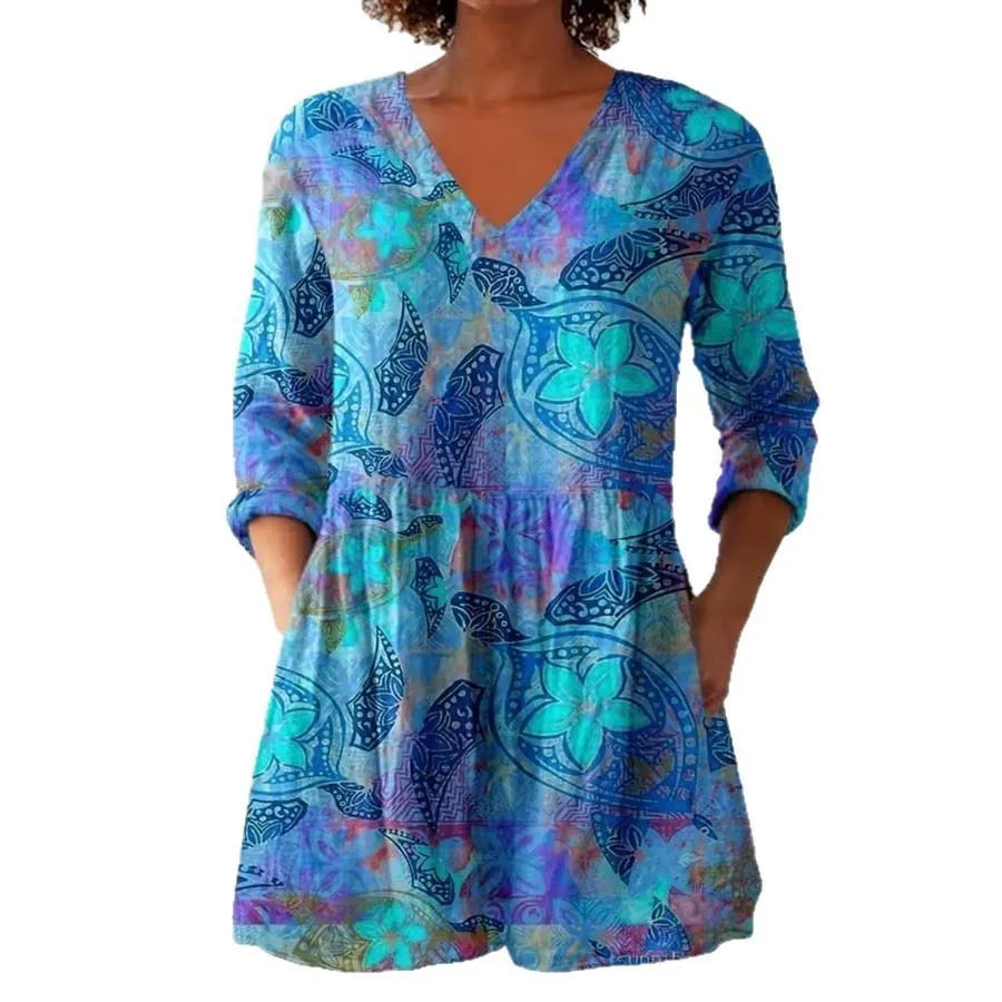 Women's slim-fit long-sleeved retro top with a digital print design on polyester fabric.