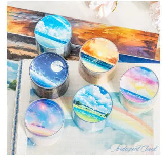 Roll of Japanese paper washi tape with sky theme designs showing colourful cloud pattern
