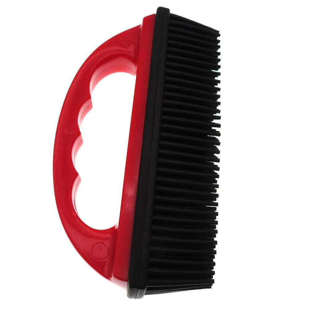 Red pet hair removal brush for bathing, massage and carpet cleaning measuring 160mm by 85mm