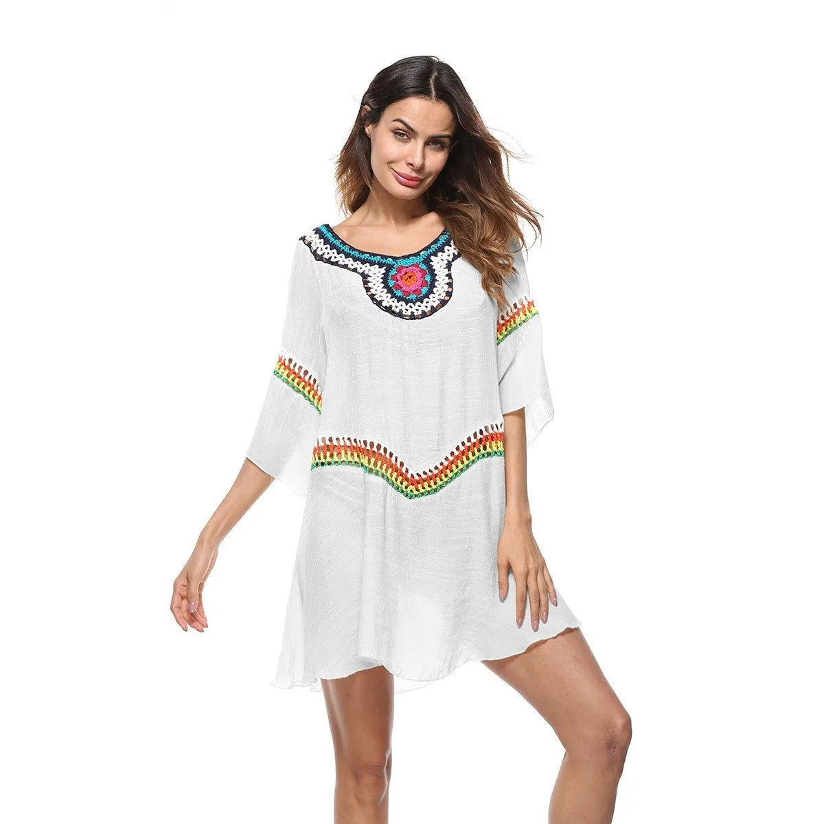 Crocheted ethnic style beach clothing set for women in acrylic fabric with sun protection for swimming