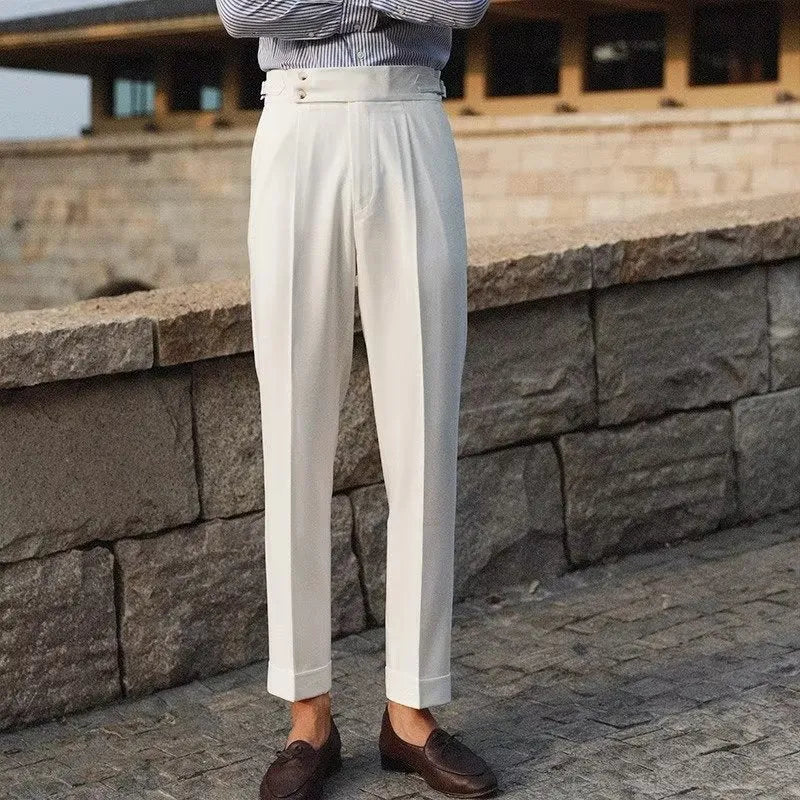 Men's slim fit straight leg formal trousers in apricot, black and white colours.