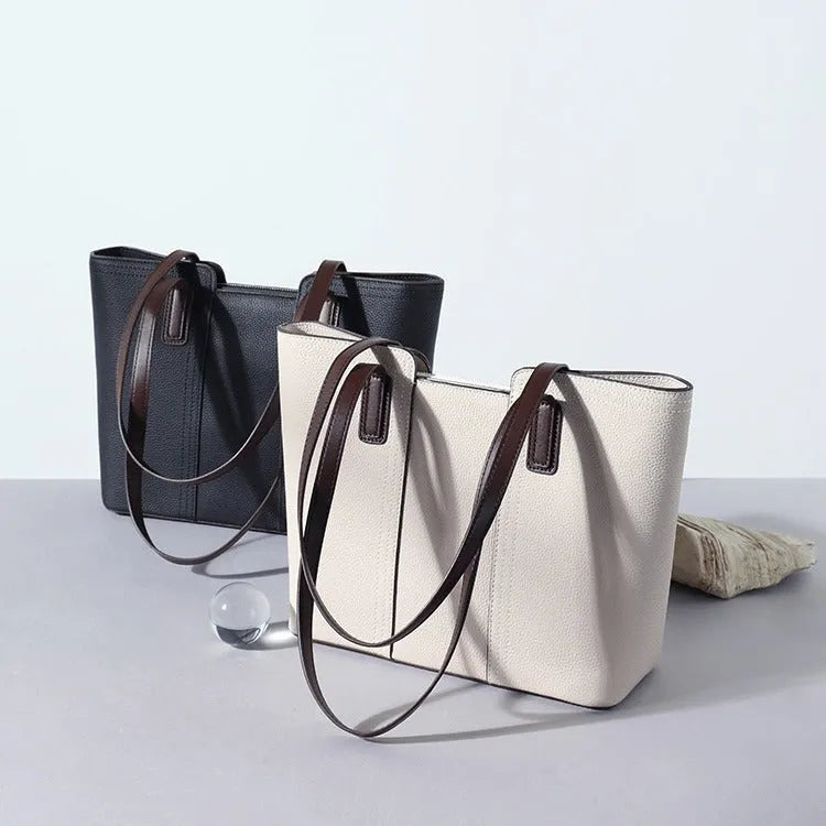 Genuine leather women's commuter shoulder bag in box design with shoulder strap