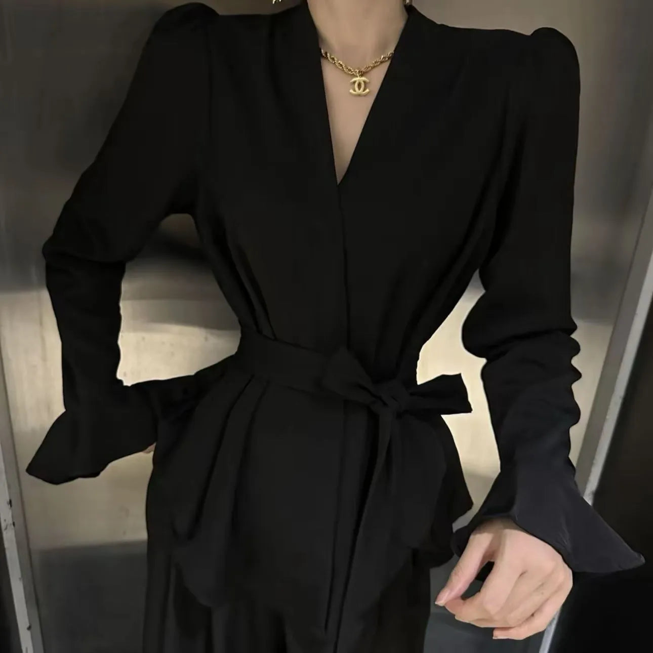 Women's French-style irregular collar long sleeve shirt with bell sleeves in a wine red colour.