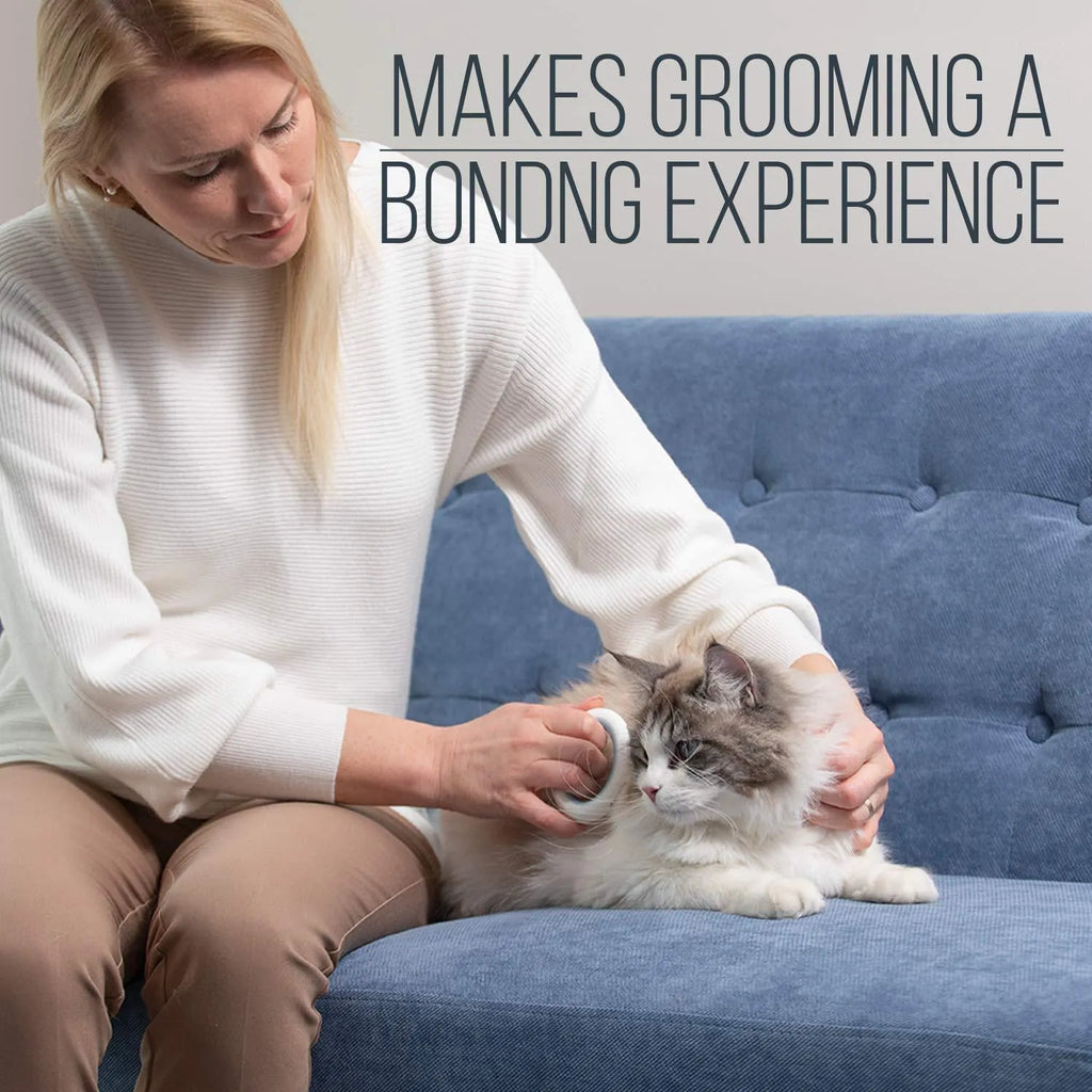 Blue pet grooming comb for deshedding cats and dogs on a white background.