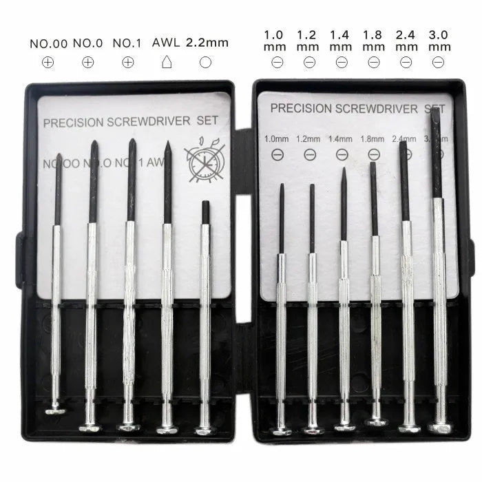 TH-6177 11-piece clock screwdriver set with cross and slotted tips on a workbench