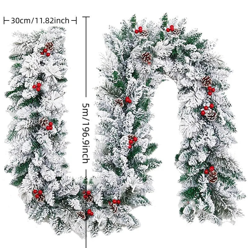 Artificial rattan Christmas garland with white flocking snow decoration draped across a mantelpiece