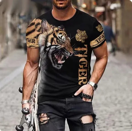 Men's black T-shirt with a detailed, raised 3D lion print on the chest.