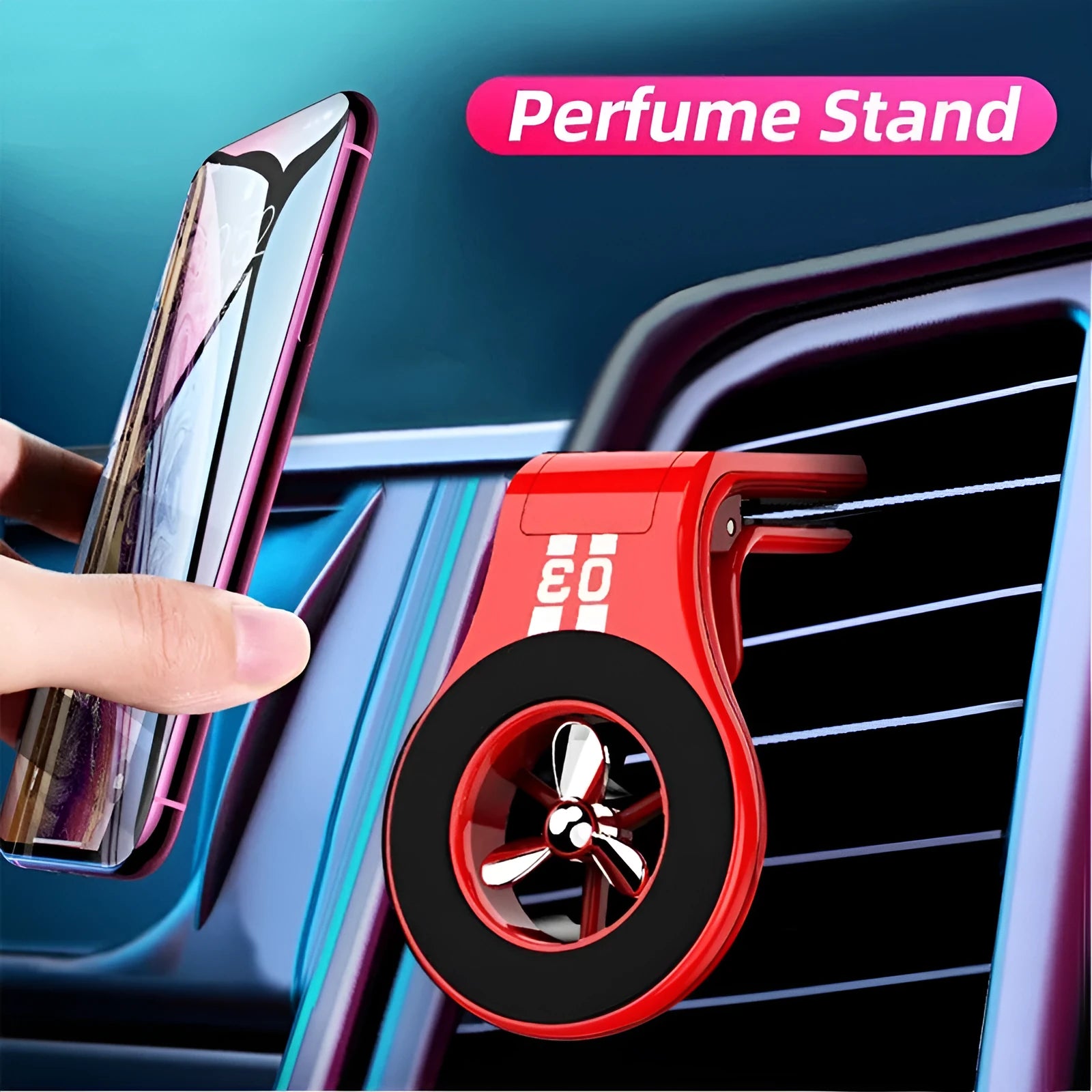 Magnetic car air vent phone holder with perfume dispenser in black, showing phone attached and fragrance slot.