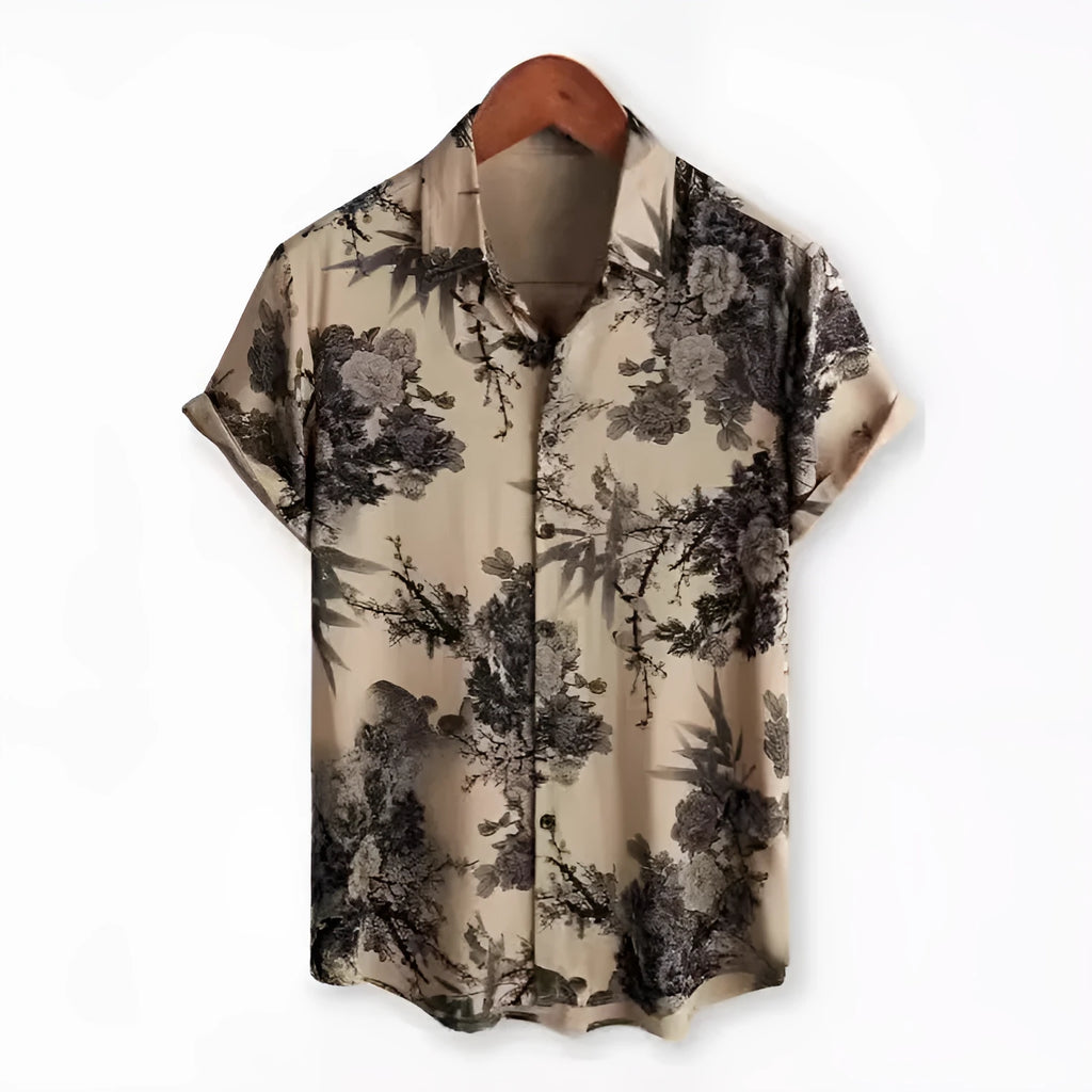 Hawaiian print short sleeve shirt with lapel collar showing floral digital printing on elastic polyester fabric