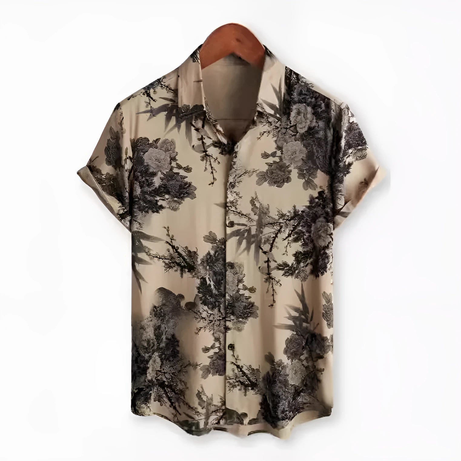 Hawaiian print short sleeve shirt with lapel collar showing floral digital printing on elastic polyester fabric