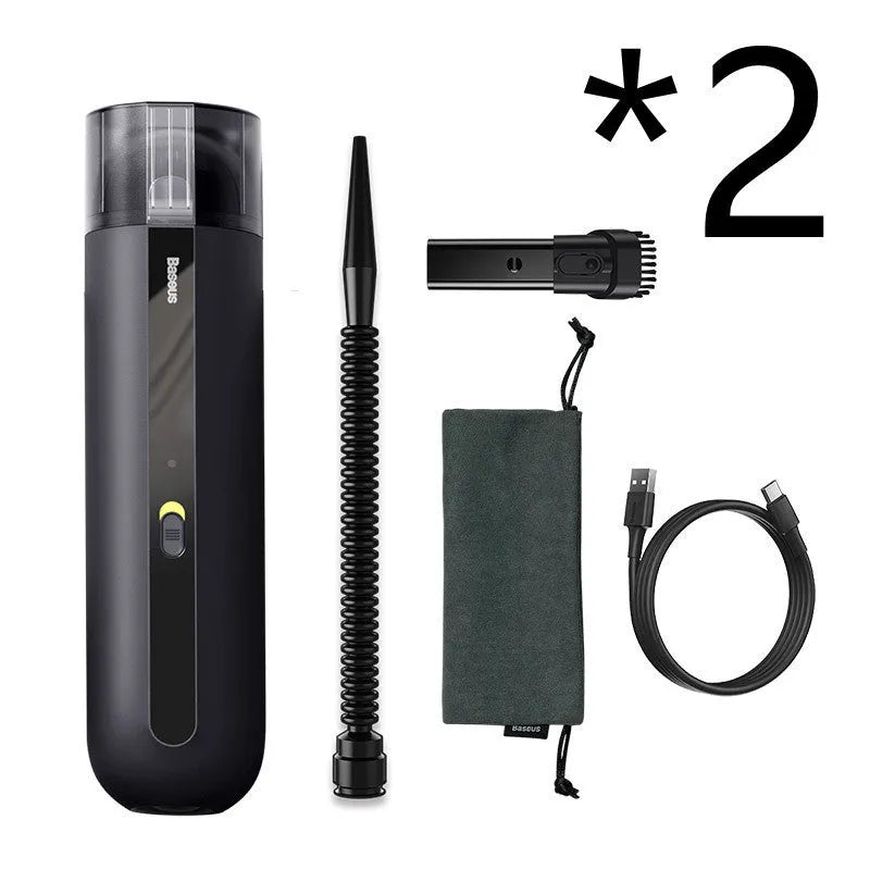 BASEUS wireless handheld car vacuum cleaner in black, white, or green with suction and blowing hose.