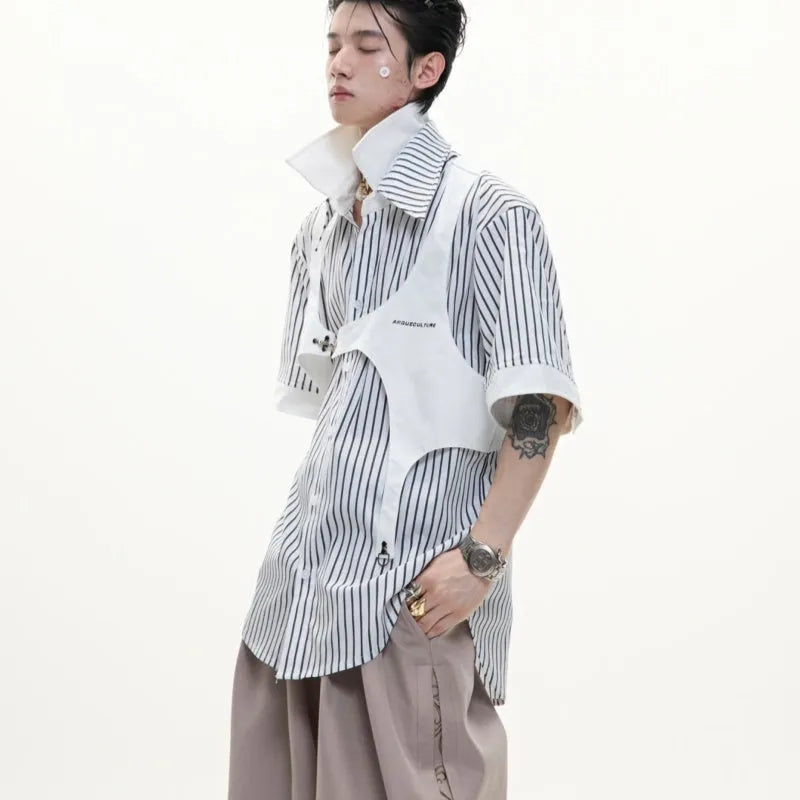 Men's silver sapporo striped cotton shirt with double collar lapel design and short sleeves